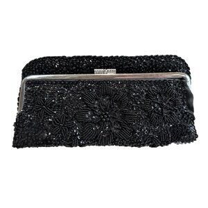VTG Hand Beaded Hong Kong‎ Black Bead & Sequin Folding Carry Clutch Evening Bag